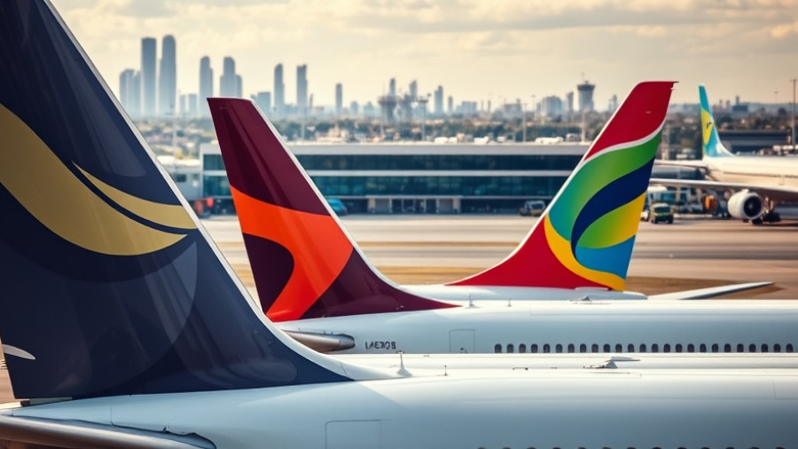 Airplane tails at airport depicting vibrant designs, earn bonus points Atmos Rewards card concept.