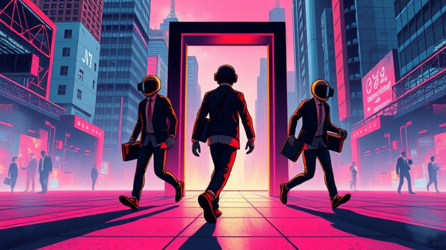 Futuristic representation of 2025 tech layoffs with figures and doors.
