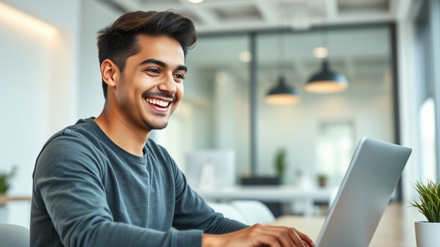 Smiling solopreneur working on laptop.