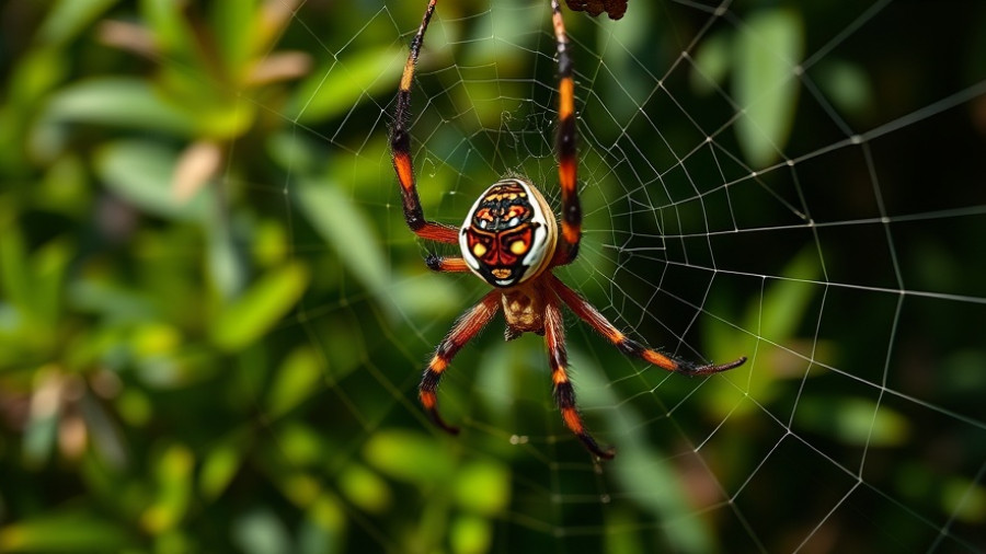 Close-up of a Joro spider on a branch amid greenery.