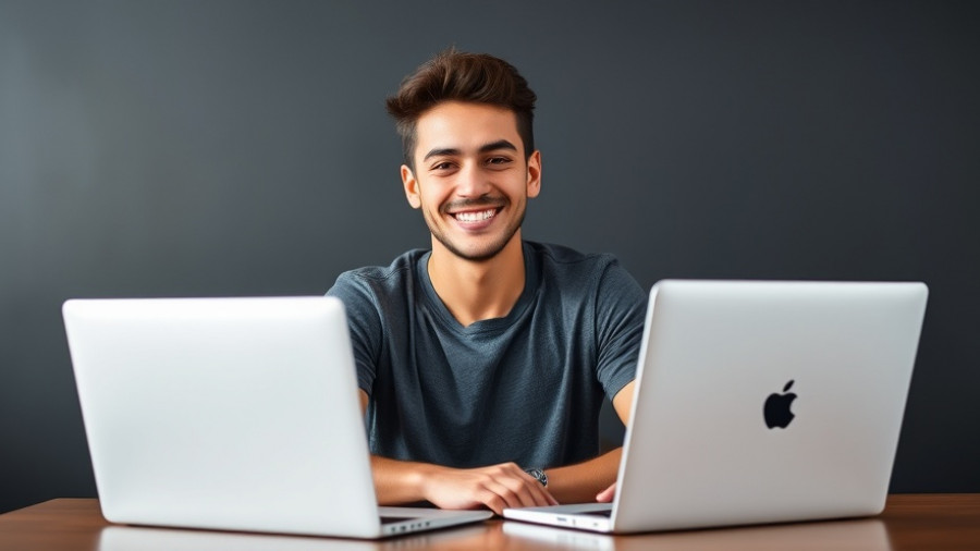 Confident young man working at laptop, representing AI solopreneurs profit.
