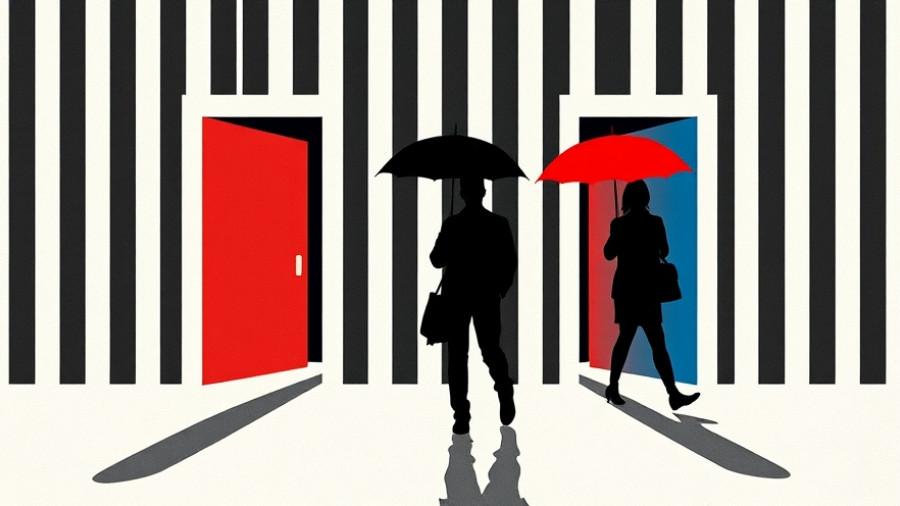 Abstract illustration of 2025 tech layoffs, people with umbrellas.