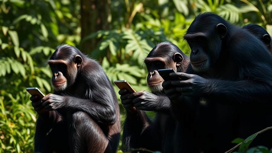Chimpanzees using phones on screen, viewed by audience, depicting Sora app AI videos controversy.