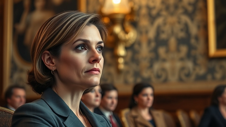 Formal woman sitting pensively in an ornate room setting.