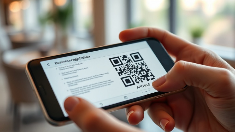 Smartphone scanning QR code for business name registration process.