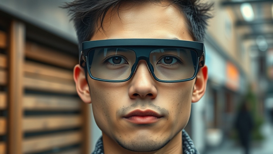 Close-up of person wearing Inmo Air 3 AR smart glasses in urban setting.