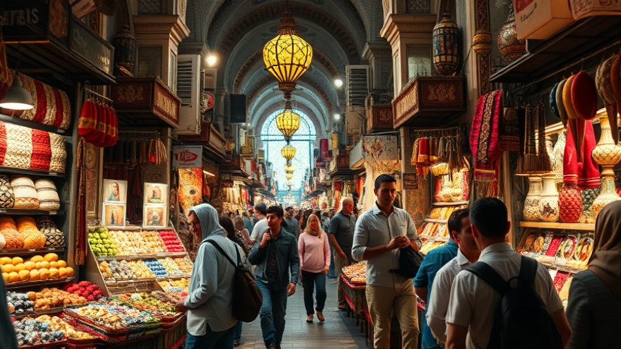 Bustling Cairo bazaar full of colorful handicrafts.