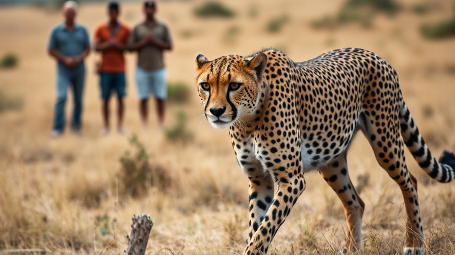 Cheetah on savannah, a hidden gem in South Africa, with tourists in background.