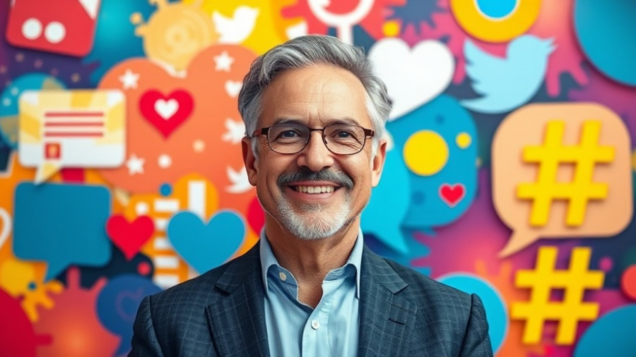 Social media icons around a businessman, bright abstract background.