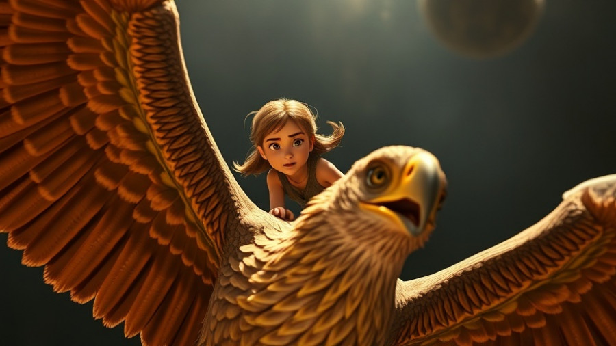 Young girl on eagle Laika's Wildwood stop-motion animation.