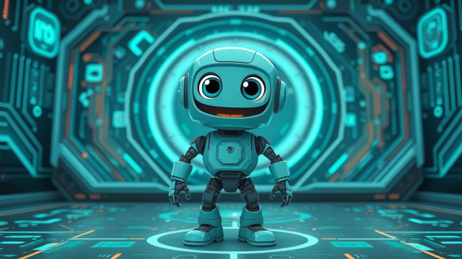 Cartoon teal robot with digital interface, Samsung SmartThings app controls home and car