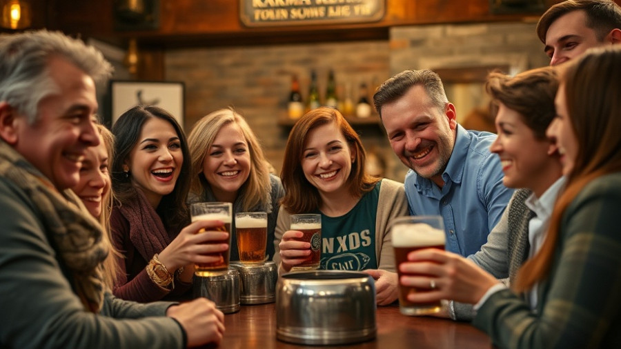 Group enjoying Karma Keg fundraiser in cozy pub setting.