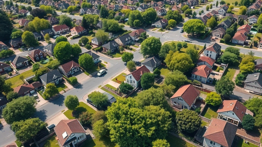 Aerial view of suburban neighborhood with houses and trees.