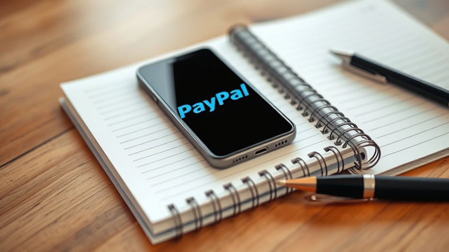 Smartphone with PayPal logo on notebook for digital wallet use.