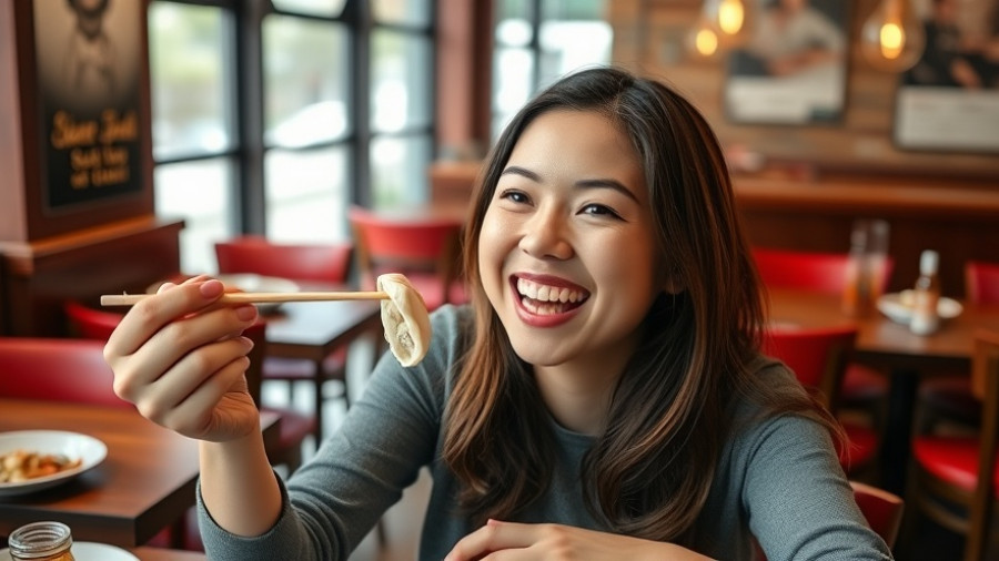 Smiling woman in Dumpling Daughter restaurant enjoying dumplings.