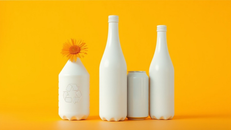 Plastic recycling innovations: bottles and can with flower on yellow.