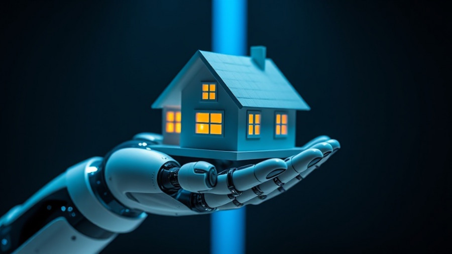 Futuristic robotic hand with model house symbolizing AI property search traffic.