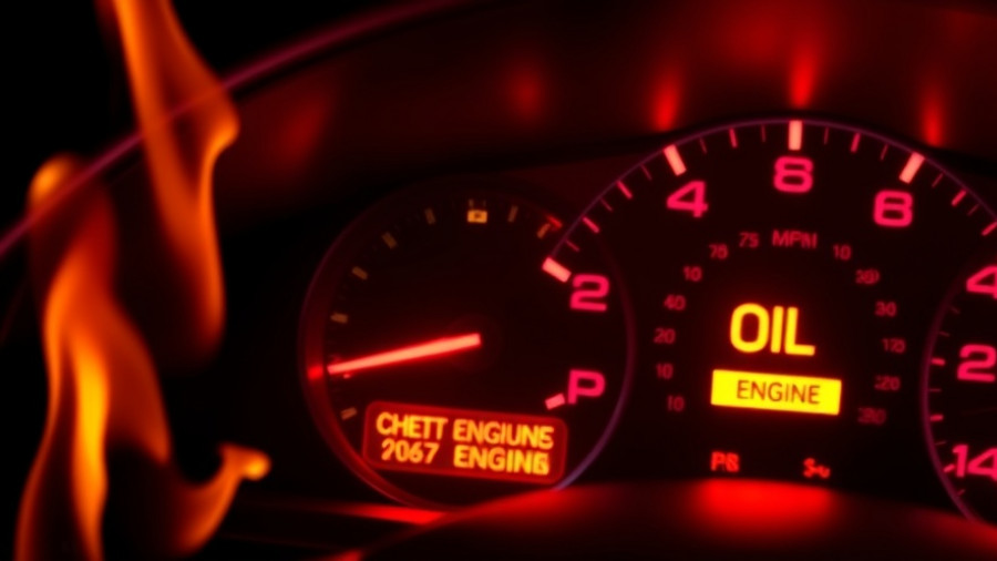 Vibrant car dashboard with warning lights and flames symbolizing real estate burnout.