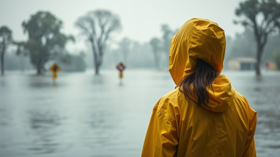 Woman in yellow raincoat looking at flooded area, related to selling a house in a flood zone.