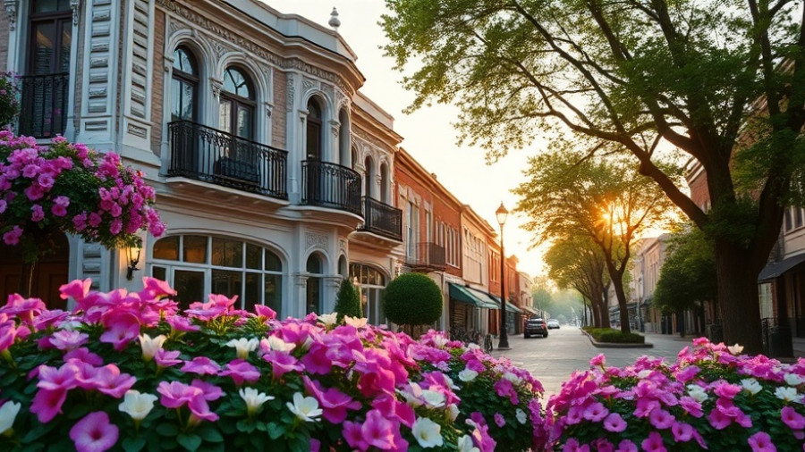 Historic Fort Collins street corner with vibrant flowers.
