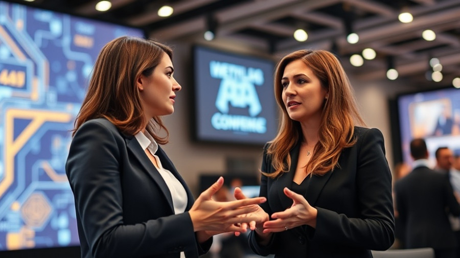 Two women discussing AI's impact on online shopping at tech event.