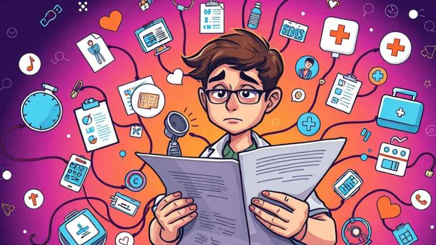 Illustration of healthcare contract dispute solutions with a person reviewing documents.