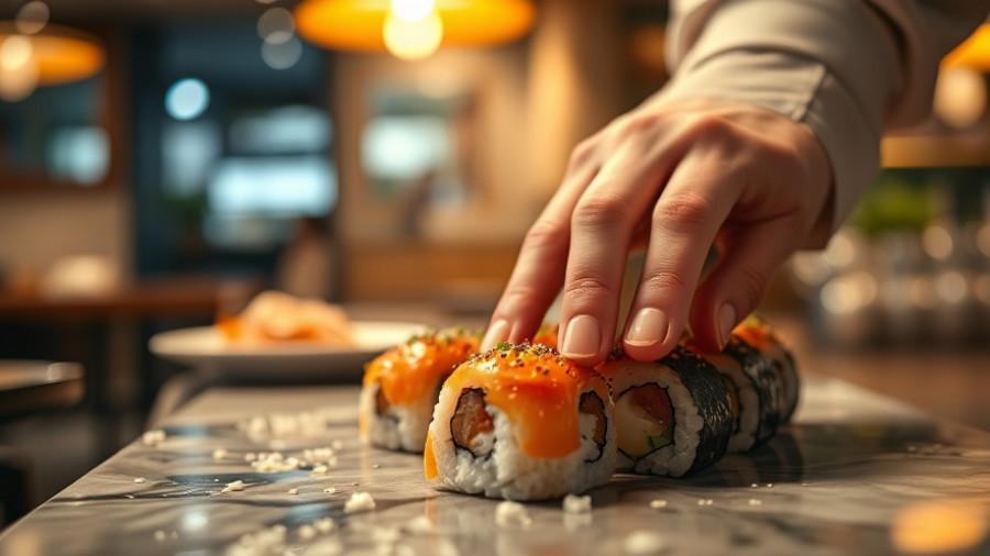 Gourmet sushi being delicately plated by chef at Austin restaurant.