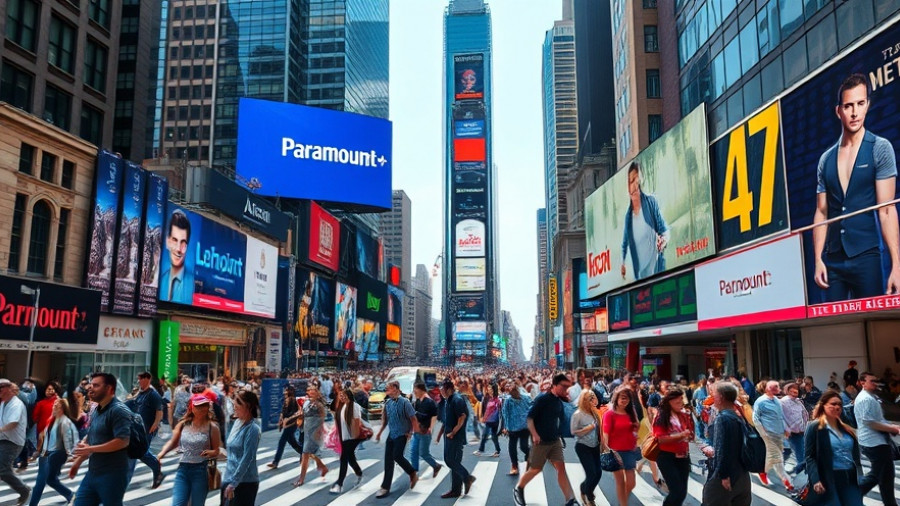 People crossing Times Square with Paramount+ billboard, Paramount layoffs.