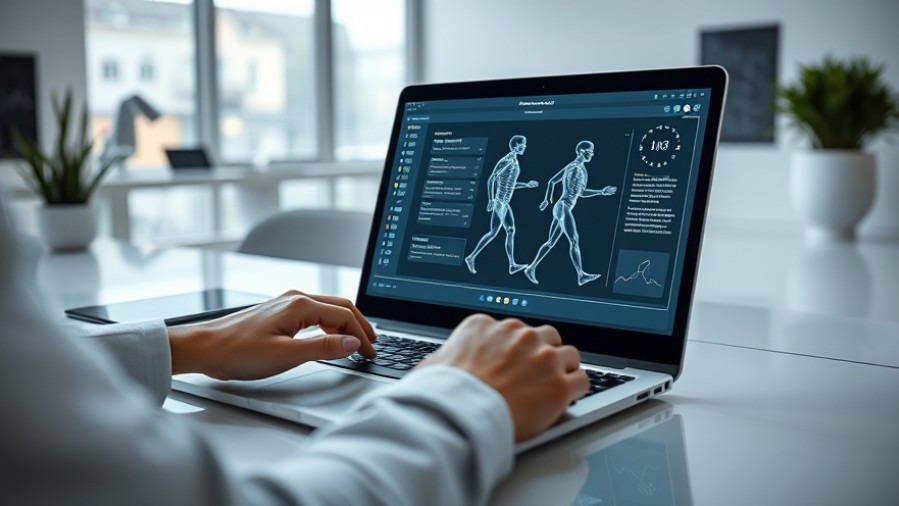 Gait analysis technology on laptop screen in modern office setup.