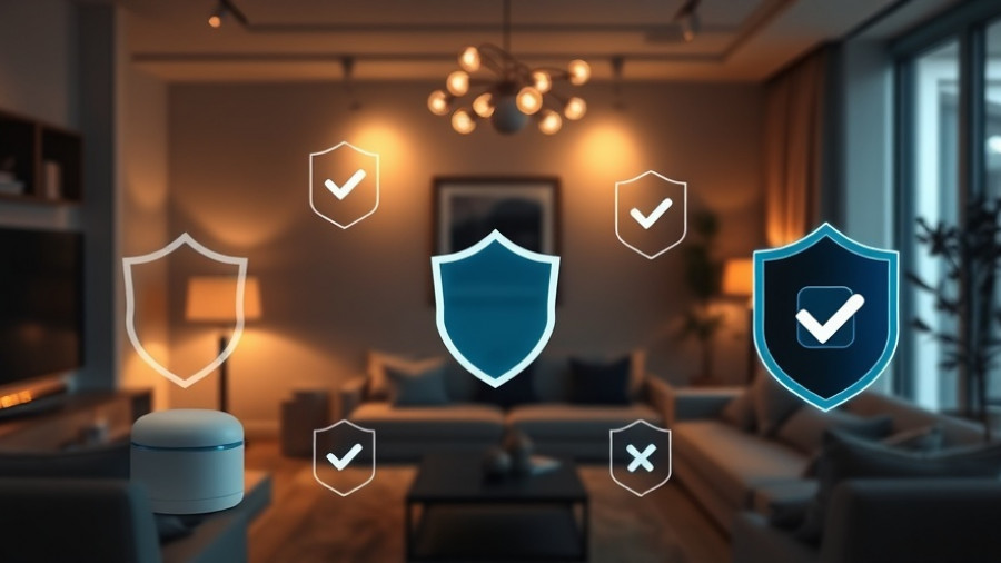 Modern smart home setup with digital security icons, illustrating smart home hacking safety measures.