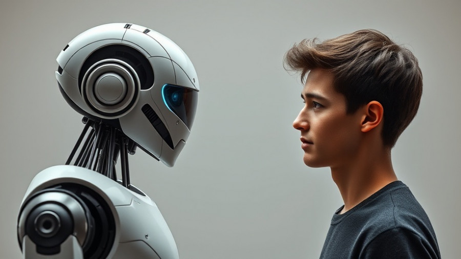 Humanoid robot Neo and young man exchanging curious looks, neutral background.