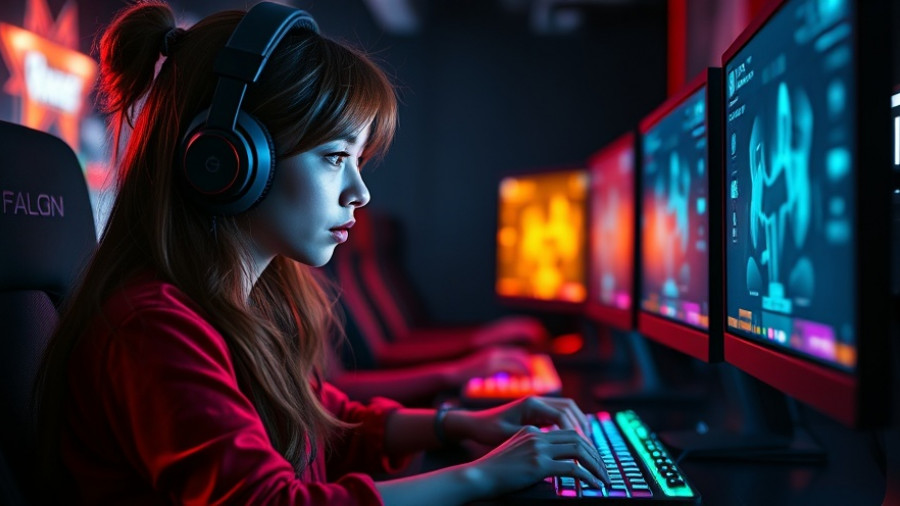 Gamer playing on multi-screen setup in a dim gaming room.