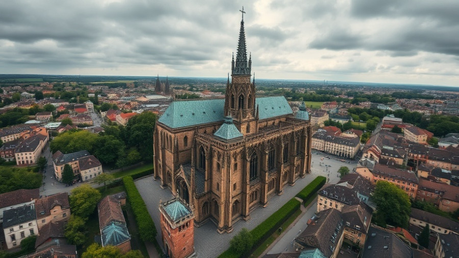 Aerial view of an iconic cathedral in Europe's most haunted city surrounded by historic buildings.