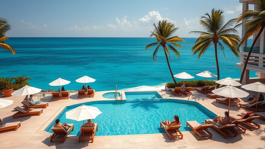 Tropical resort pool view with palm trees and ocean for I Prefer Hotel Rewards.