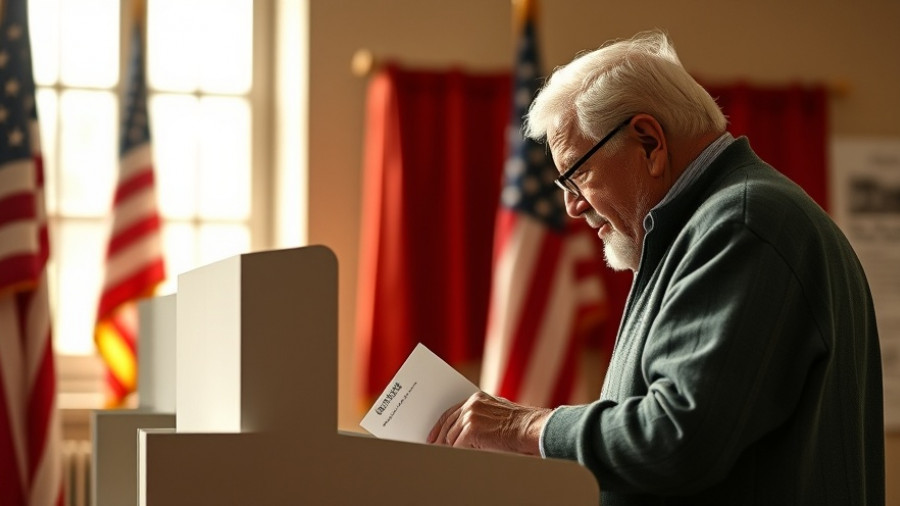 Elderly voter casting ballot on Election Day with focus on tax hikes.