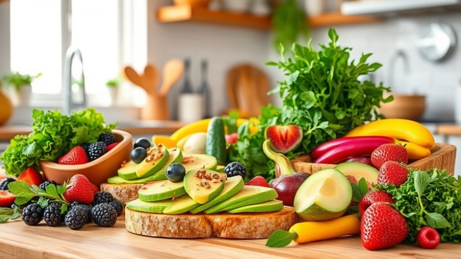 Bright assortment of fresh foods boosting mood and mental health.