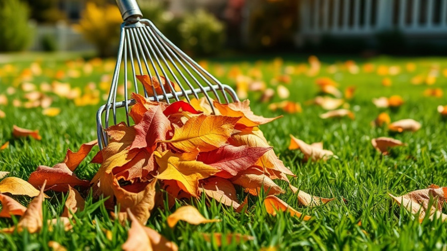 Raking to recycle autumn leaves on a green lawn.