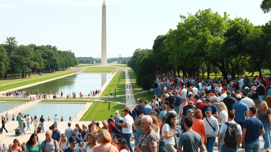 Tourists gather at Washington D.C.'s monument reflecting pool.