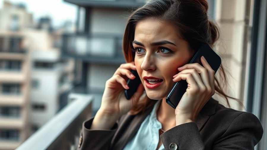 Woman gesturing during a phone call, urban backdrop, business conflicts and betrayal.