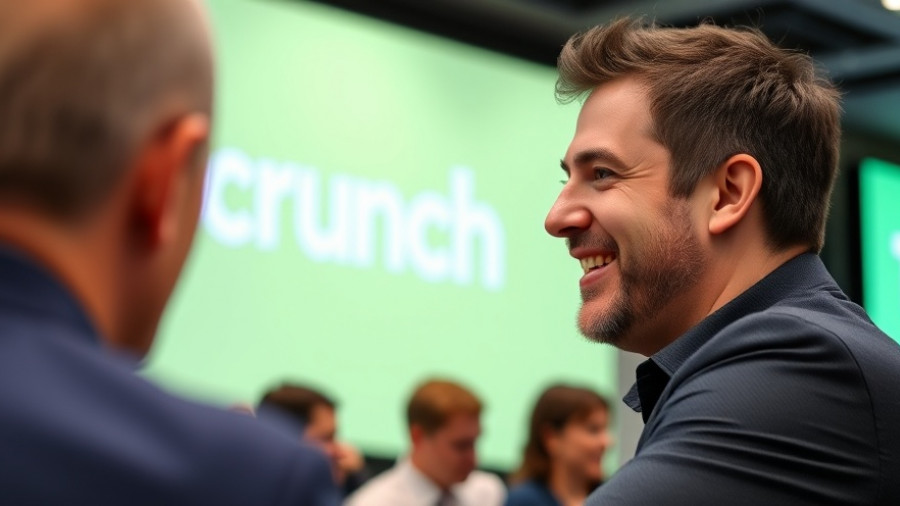 Confident speaker at TechCrunch Disrupt 2025 smiling warmly.