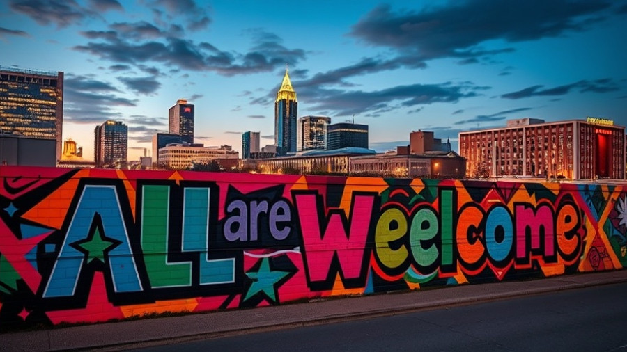 Vibrant mural with Raleigh skyline backdrop, welcoming message.
