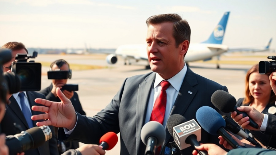 Businessman addressing media at airport, nuclear option government shutdown.