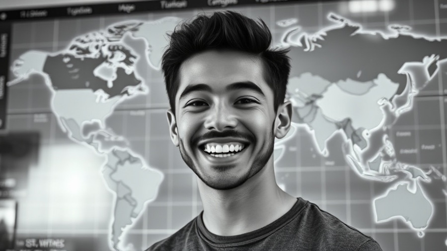 Digital Nomads in African markets concept with smiling man and world map.