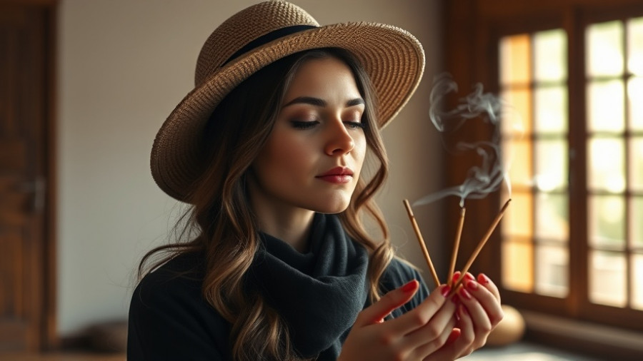 Peaceful retreat scene of a woman holding incense, showcasing meditation.