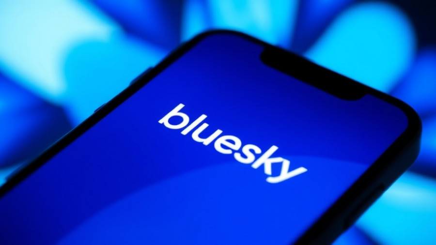 Bluesky logo on a smartphone screen with blue abstract background.