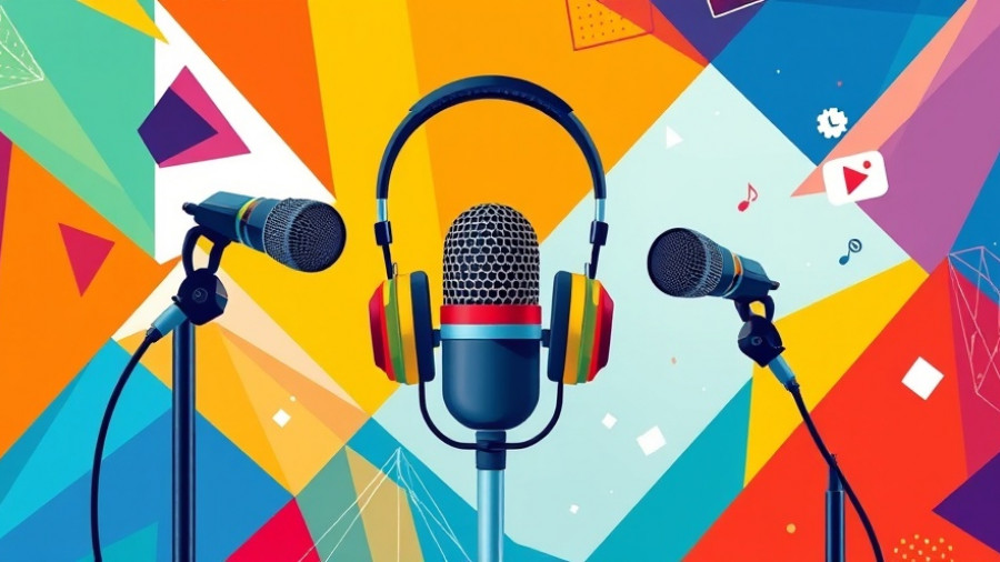 Podcast theme art with microphones and digital icons