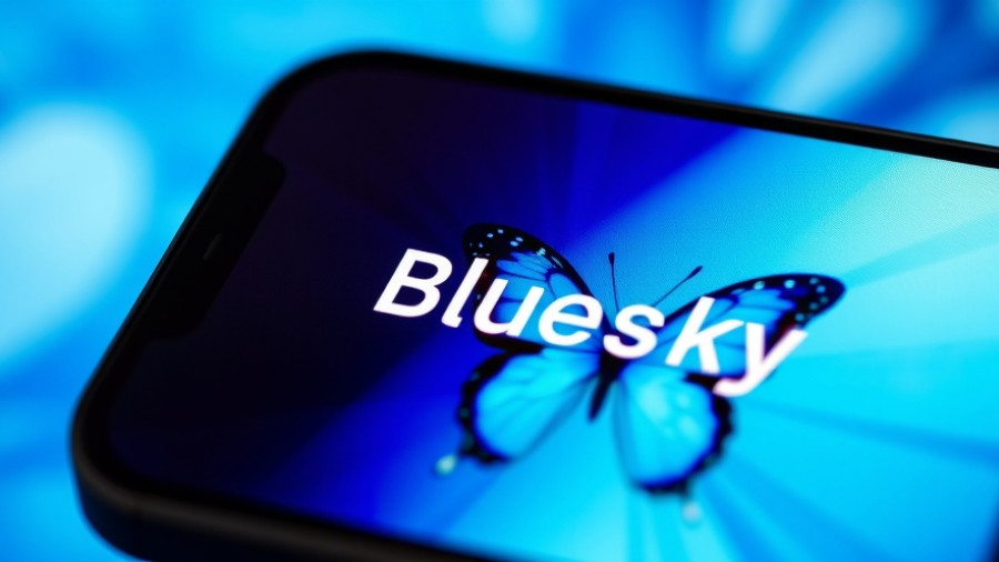 Bluesky logo on phone screen with blue butterfly background.