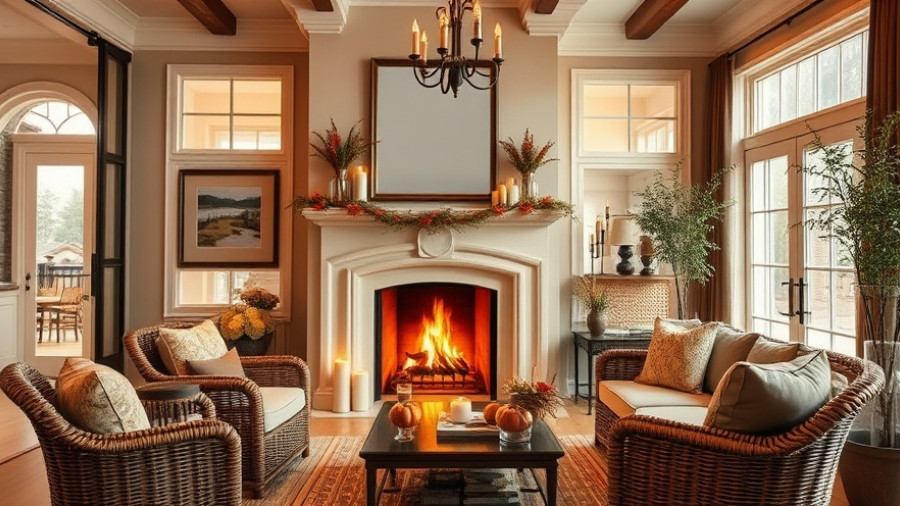Cozy autumn home interior with fireplace and fall decorations.