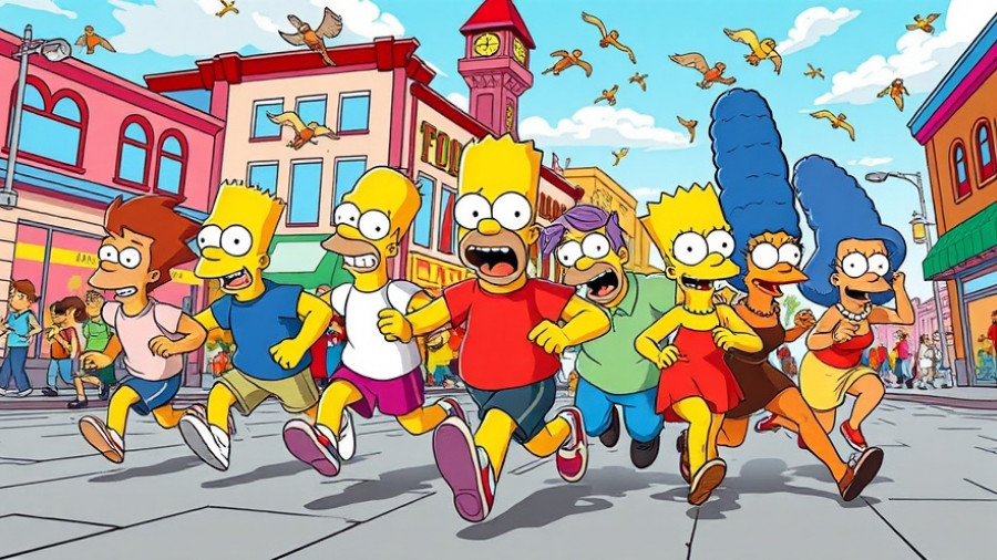 The Simpsons and Fortnite characters running in colorful Springfield.