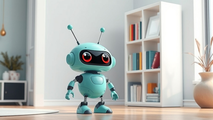 Cartoon teal robot by a modern bookshelf illustrating IKEA Smart Light Integration.